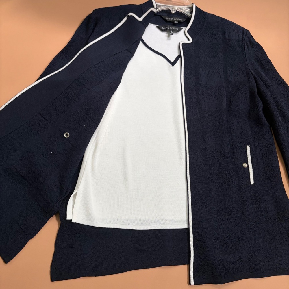 Ming Wang Navy Blue White Cardigan Jacket Tank Set Size S Preppy Career Chic